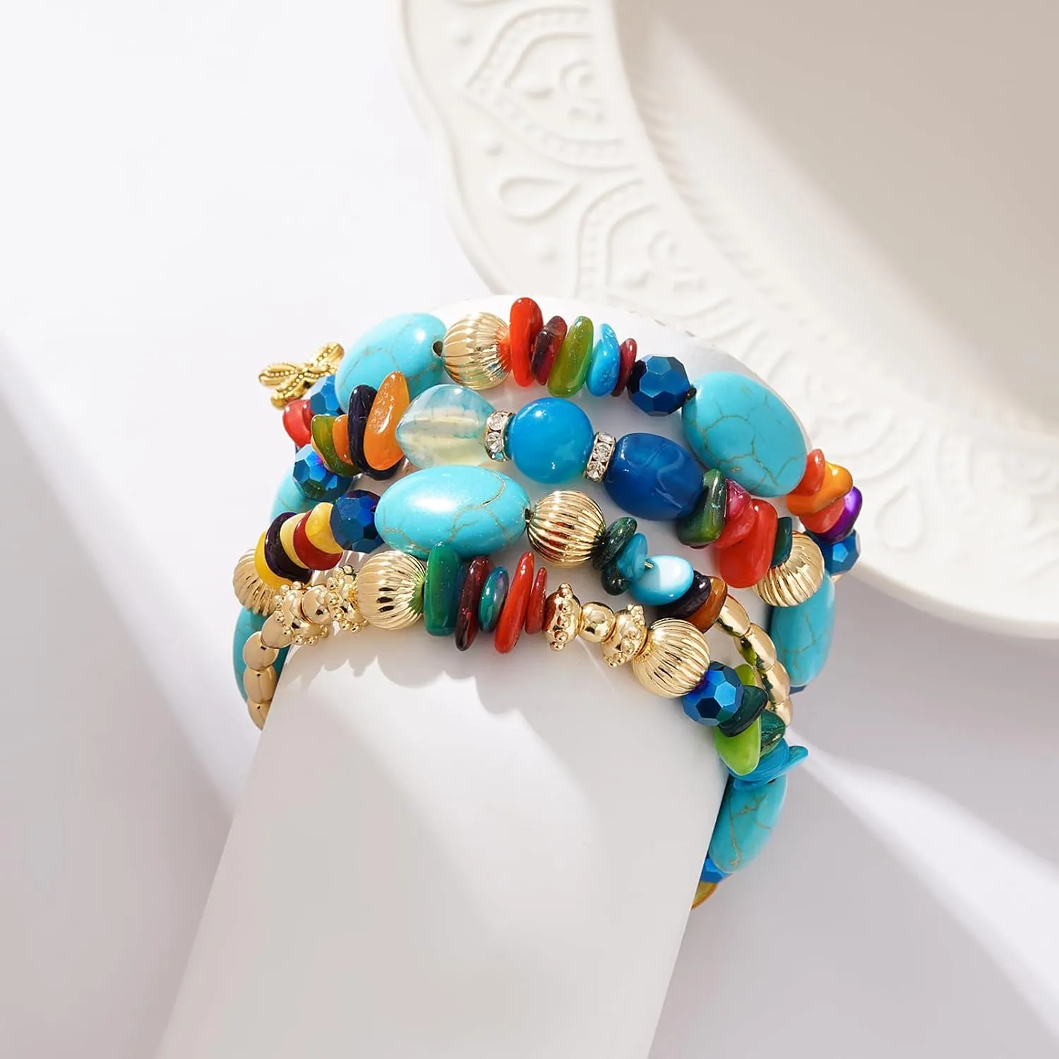 Boho Summer Beach Beads Bangle Bracelets for Women Bohemian Wrap Stackable Bracelets Crystal Gold Bead Set Handmade Bracelets Jewelry Gift