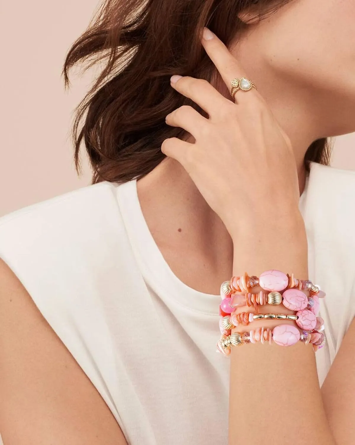 Boho Summer Beach Beads Bangle Bracelets for Women Bohemian Wrap Stackable Bracelets Crystal Gold Bead Set Handmade Bracelets Jewelry Gift