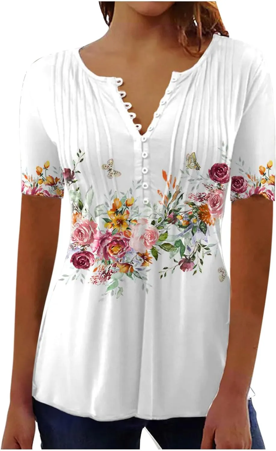 Boho Tops for Women Summer Casual Bohemian Floral Print Short Sleeve Empire Waist Button Down Shirts Elegant Blouses