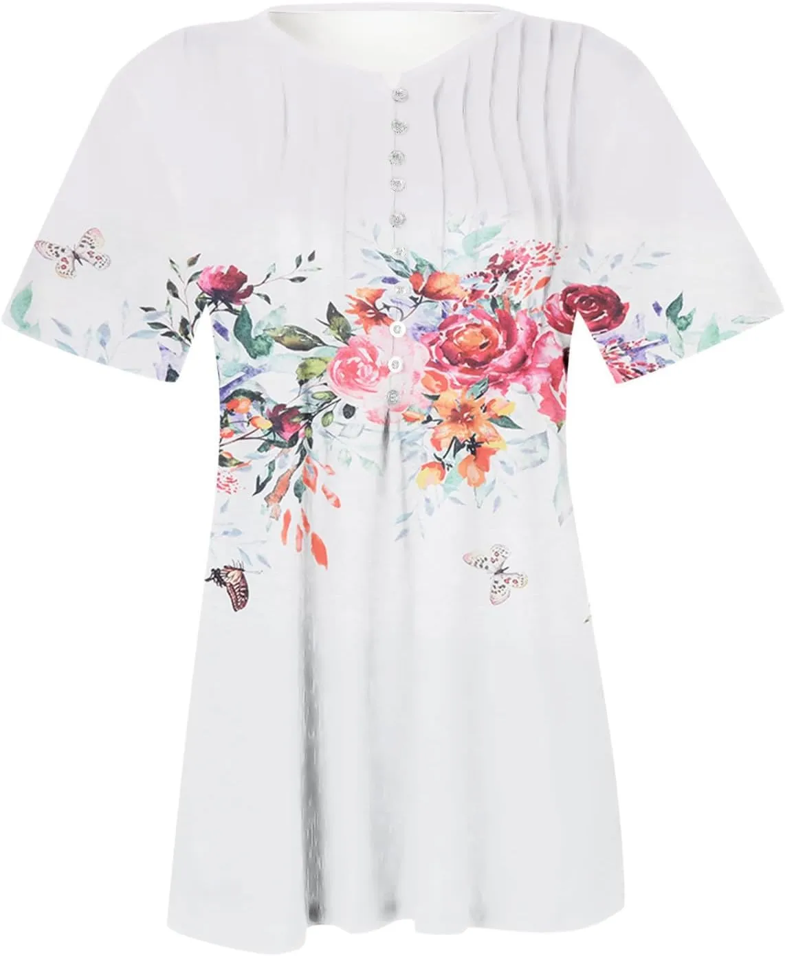 Boho Tops for Women Summer Casual Bohemian Floral Print Short Sleeve Empire Waist Button Down Shirts Elegant Blouses