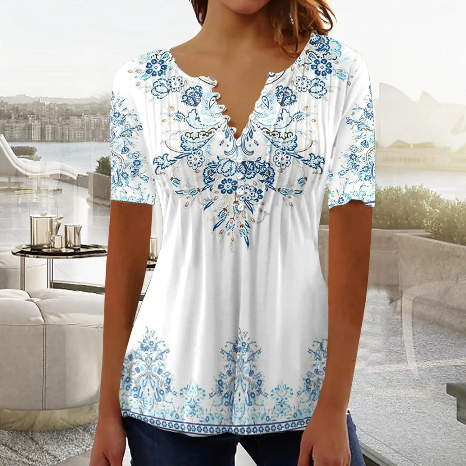 Boho Tops for Women Summer Casual Bohemian Floral Print Short Sleeve Empire Waist Button Down Shirts Elegant Blouses