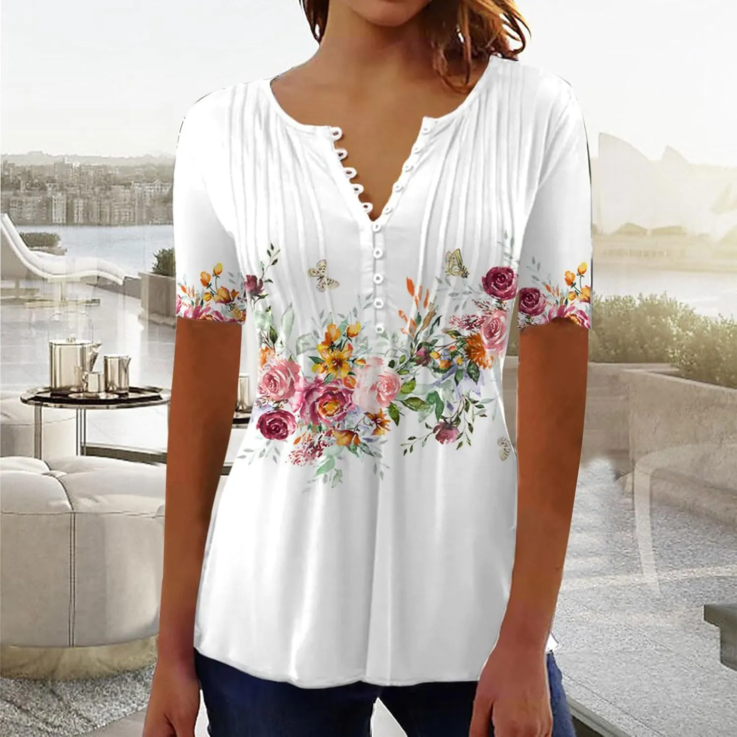 Boho Tops for Women Summer Casual Bohemian Floral Print Short Sleeve Empire Waist Button Down Shirts Elegant Blouses