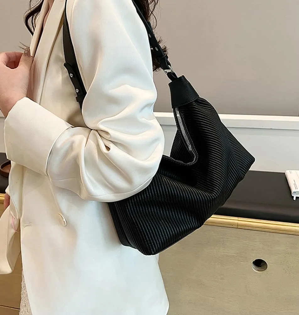 Bucket Bag for Women, Pleated Cloud Vertical Pattern Large Capacity Tote Bag Handbag Purse Crossbody Bag Shoulder Bag