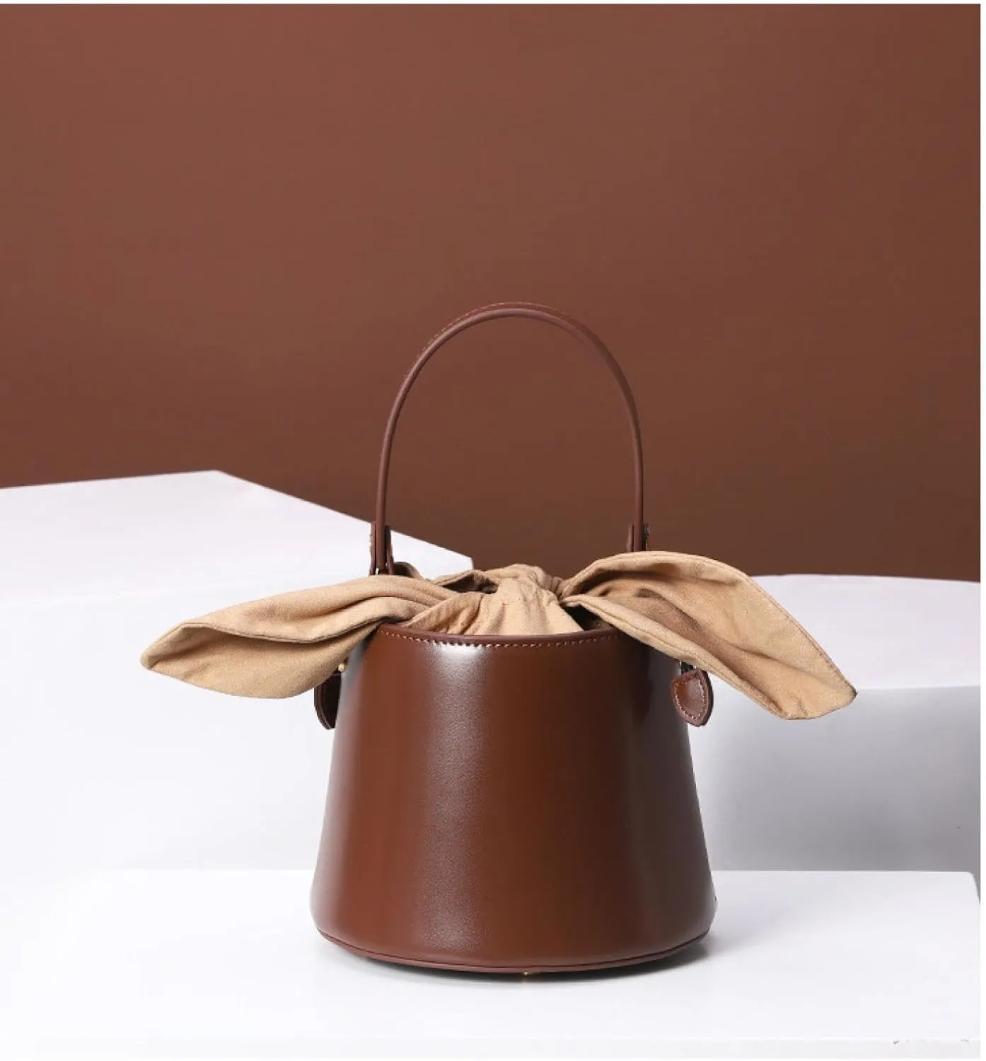 Bucket Bag, Genuine Leather Women's Bag, Ladies Suede Bunny Ears Shoulder Tote, Brown