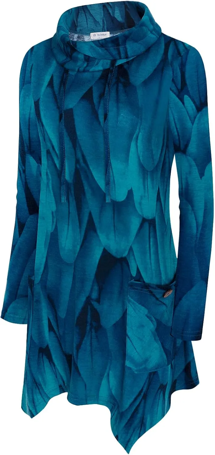 Bulotus Women's Long Sleeve Cowl Neck Asymmetrical Hem Tunic Tops with Pockets