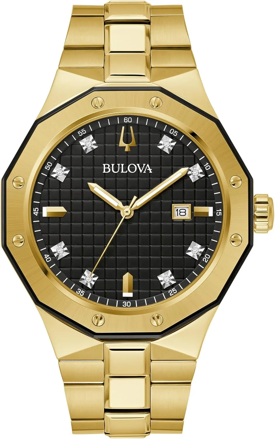 Bulova Men's Classic Stainless Steel 3-Hand Date Quartz Watch with Diamonds and Day Date, 44mm