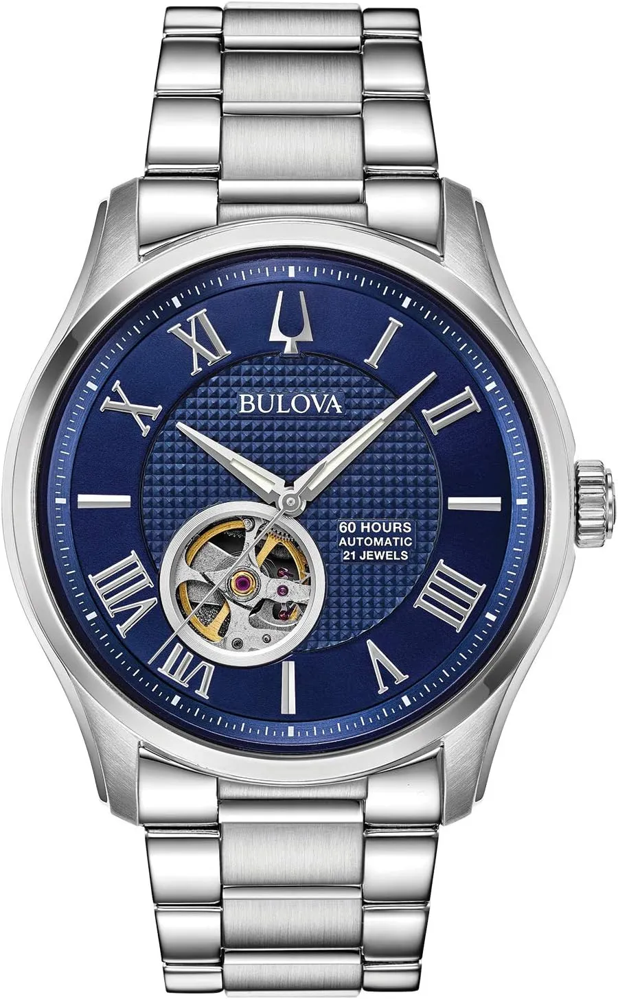 Bulova Men's Classic Wilton 3-Hand 21-Jewel Automatic Watch, 60 Hour Power Reserve, Luminous Hands, Open Aperture, Roman Numeral Markers Domed Sapphire Crystal, 43mm
