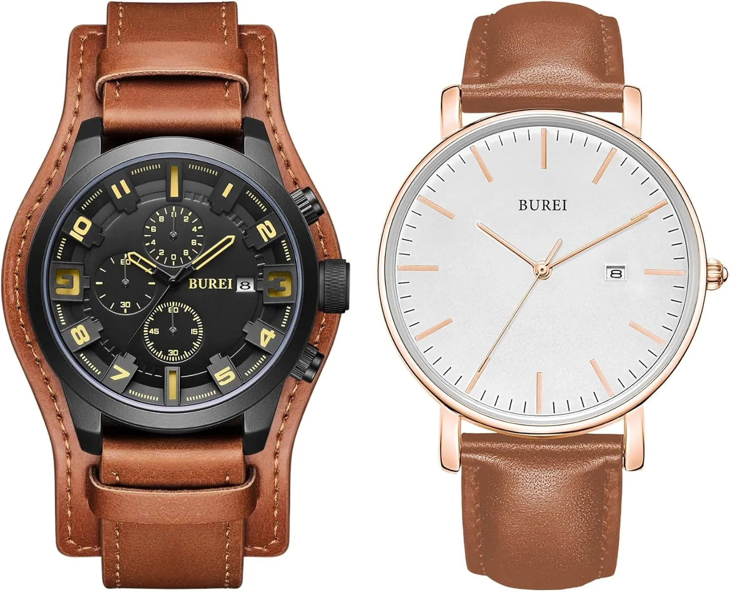 BUREI Men Black Watch Leather Watches for Men Multifunction Chronograph Watch Fashion Waterproof Watch Business Casual Men's Watch Analog Quartz Watch