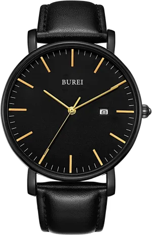 BUREI Men's Fashion Minimalist Wrist Watch Waterproof Watches Simple Ultra Thin Watches Analog Quartz Date with Brown Black Leather Strap (Gold Black)