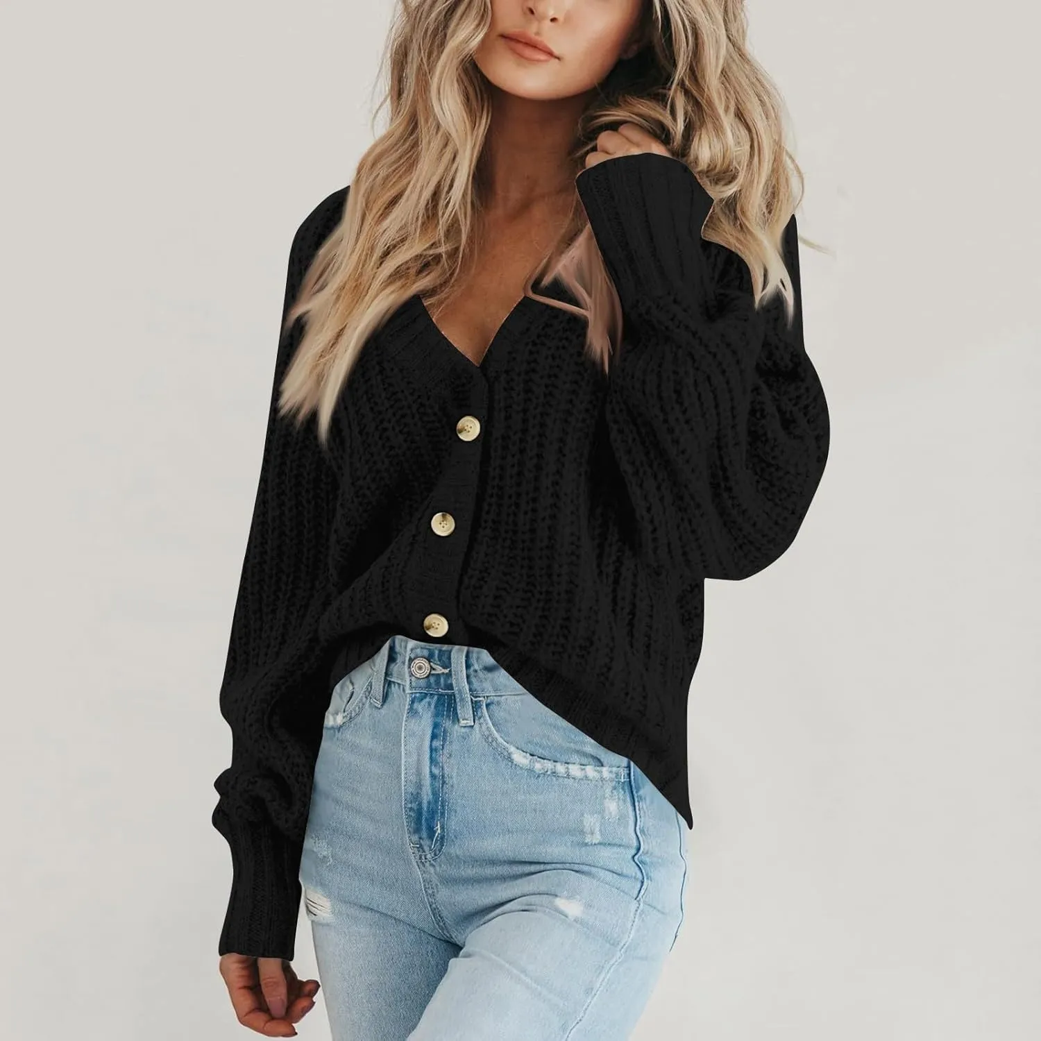 Button Up Sweaters For Woman Lightweight Cable Knit Cardigan Sweater V Neck Casual Chunky Knit Coat Fall Clothes