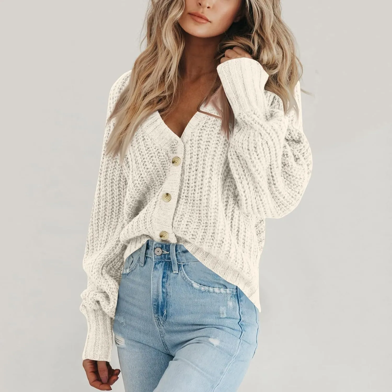 Button Up Sweaters For Woman Lightweight Cable Knit Cardigan Sweater V Neck Casual Chunky Knit Coat Fall Clothes