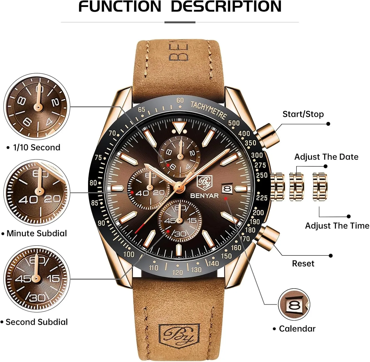 BY BENYAR Watch for Men Analog Quartz Chronograph Waterproof Luminous Designer Mens Wrist Watches Business Work Sport Casual Dress Watch with Silicone Strap Elegant Gifts for Men