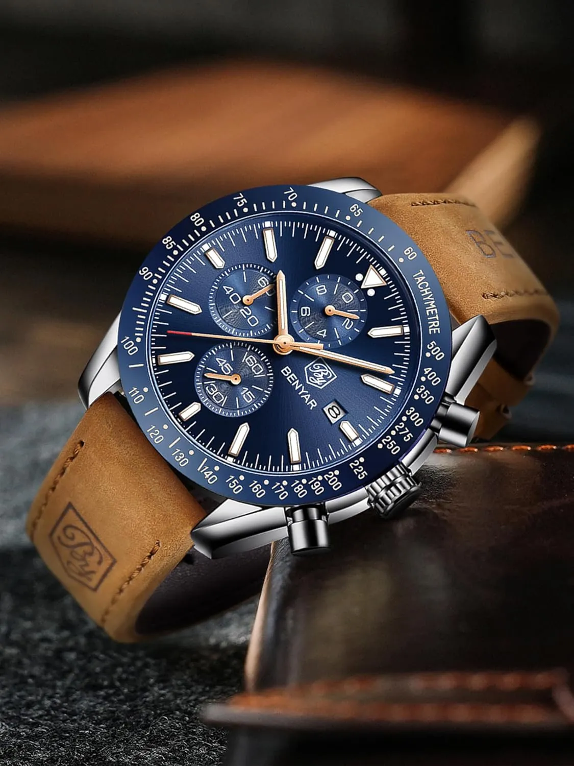 BY BENYAR Watch for Men Analog Quartz Chronograph Waterproof Luminous Designer Mens Wrist Watches Business Work Sport Casual Dress Watch with Silicone Strap Elegant Gifts for Men