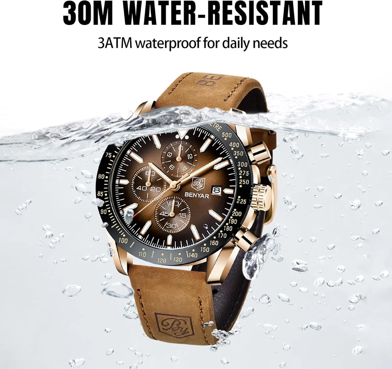 BY BENYAR Watch for Men Analog Quartz Chronograph Waterproof Luminous Designer Mens Wrist Watches Business Work Sport Casual Dress Watch with Silicone Strap Elegant Gifts for Men