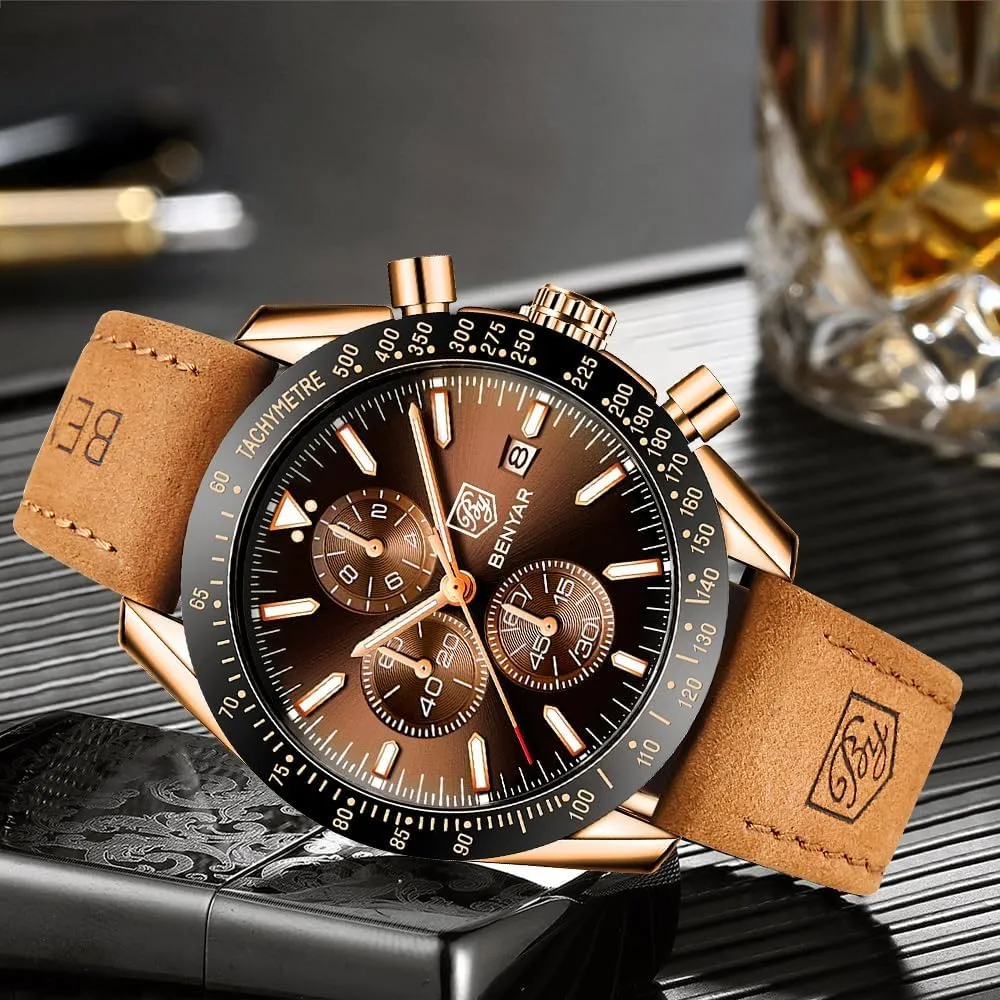 BY BENYAR Watch for Men Analog Quartz Chronograph Waterproof Luminous Designer Mens Wrist Watches Business Work Sport Casual Dress Watch with Silicone Strap Elegant Gifts for Men