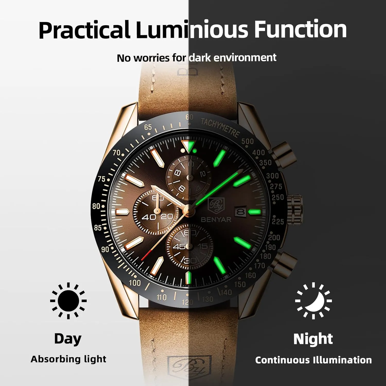 BY BENYAR Watch for Men Analog Quartz Chronograph Waterproof Luminous Designer Mens Wrist Watches Business Work Sport Casual Dress Watch with Silicone Strap Elegant Gifts for Men