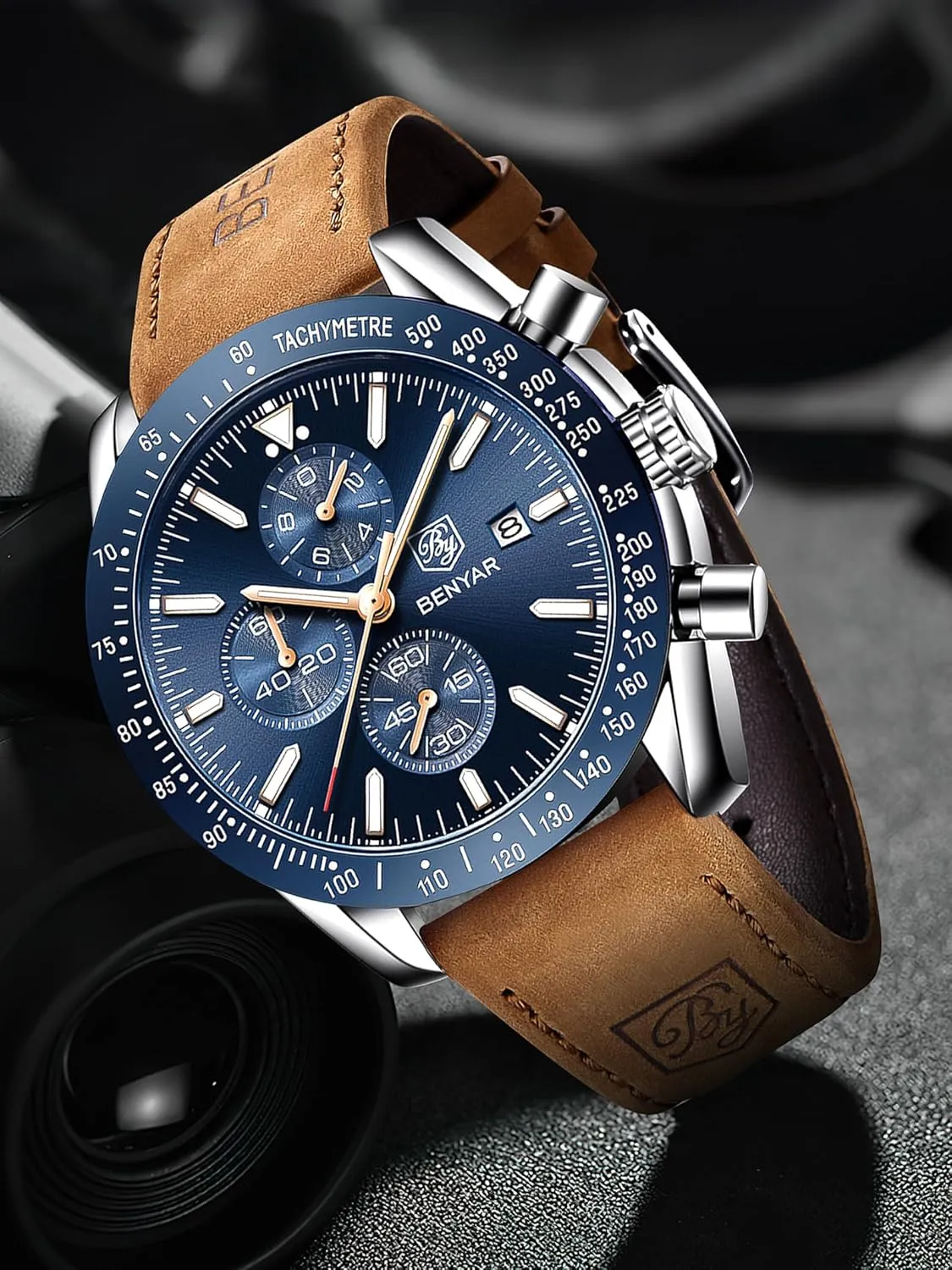 BY BENYAR Watch for Men Analog Quartz Chronograph Waterproof Luminous Designer Mens Wrist Watches Business Work Sport Casual Dress Watch with Silicone Strap Elegant Gifts for Men
