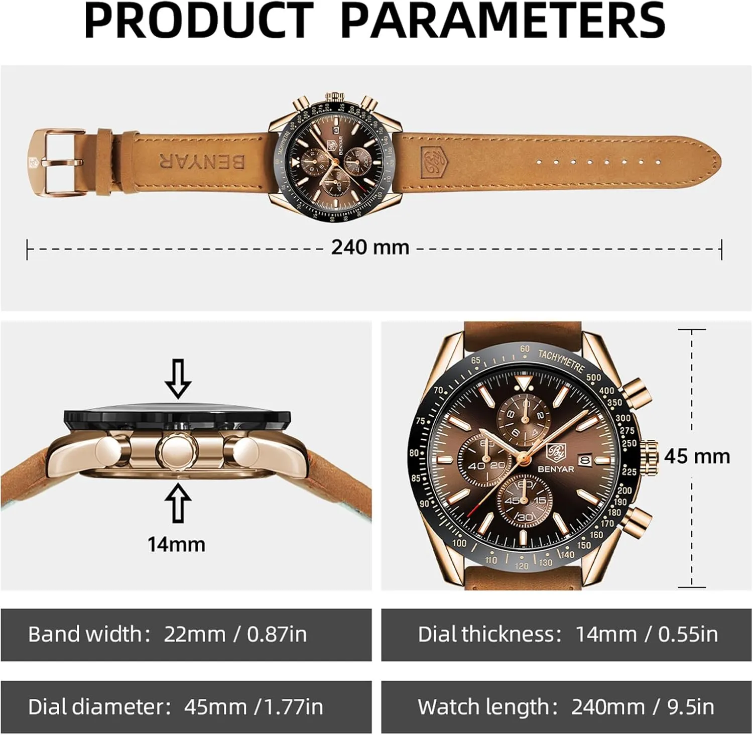 BY BENYAR Watch for Men Analog Quartz Chronograph Waterproof Luminous Designer Mens Wrist Watches Business Work Sport Casual Dress Watch with Silicone Strap Elegant Gifts for Men