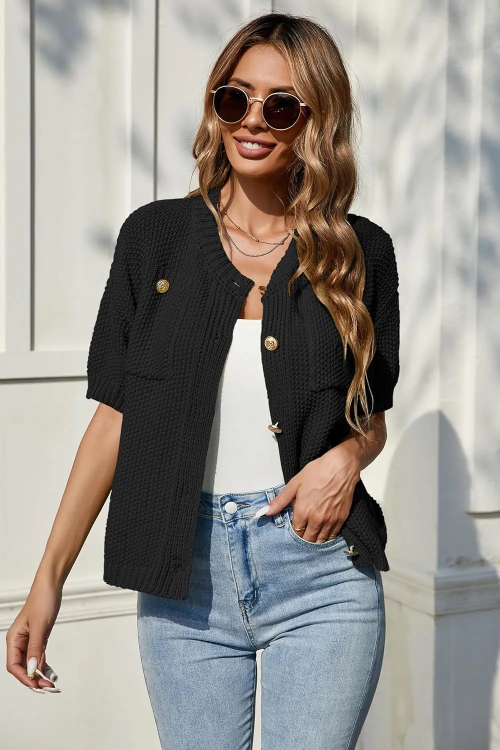 Cakulo Womens Short Sleeve Sweater Vest Button Down Cardigans Chunky Knit Sweaters Tops