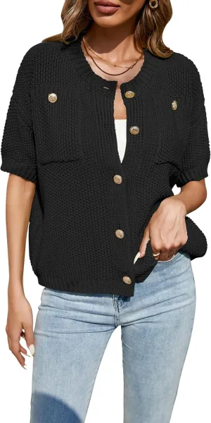 Cakulo Womens Short Sleeve Sweater Vest Button Down Cardigans Chunky Knit Sweaters Tops