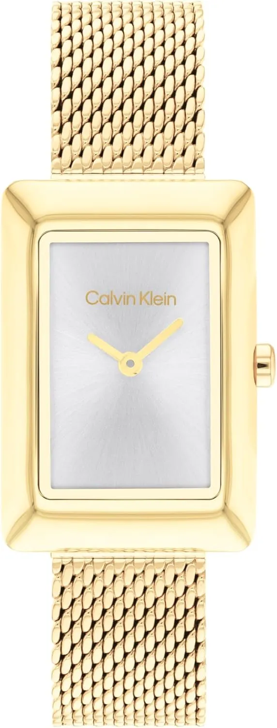 Calvin Klein Women's CK Styled Wristwatch, Gold Plated, Mesh Bracelet, Rectangular Case, Feminine Look, (Model:25200396)