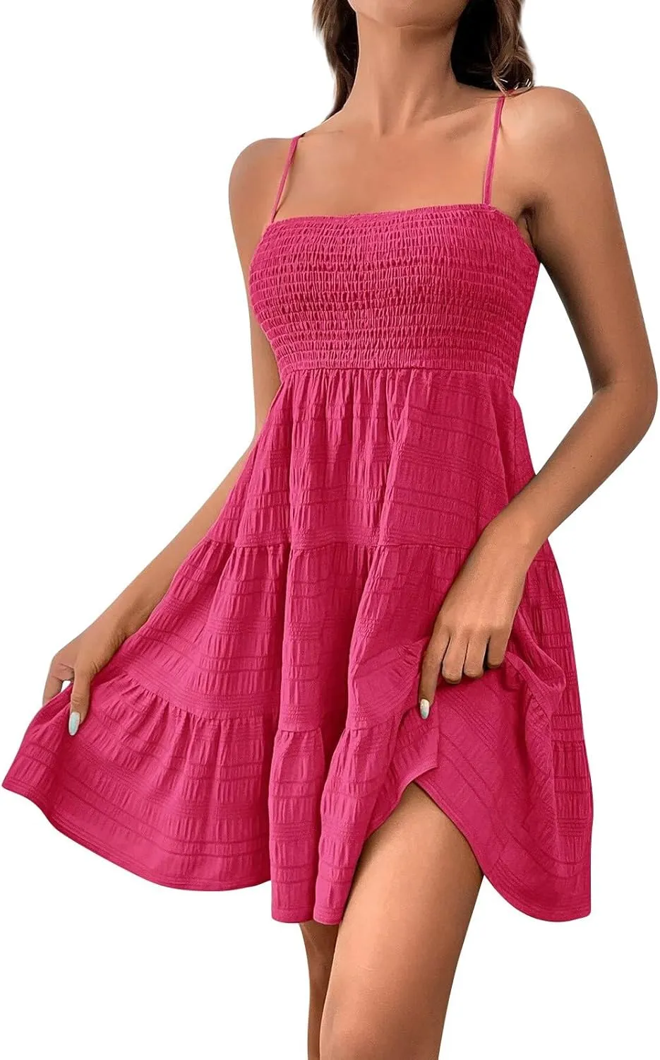 Cami Dress for Women Smocked Square Neck Spaghetti Strap Mini Dress Sleeveless Swing A Line Ruched Short Dresses
