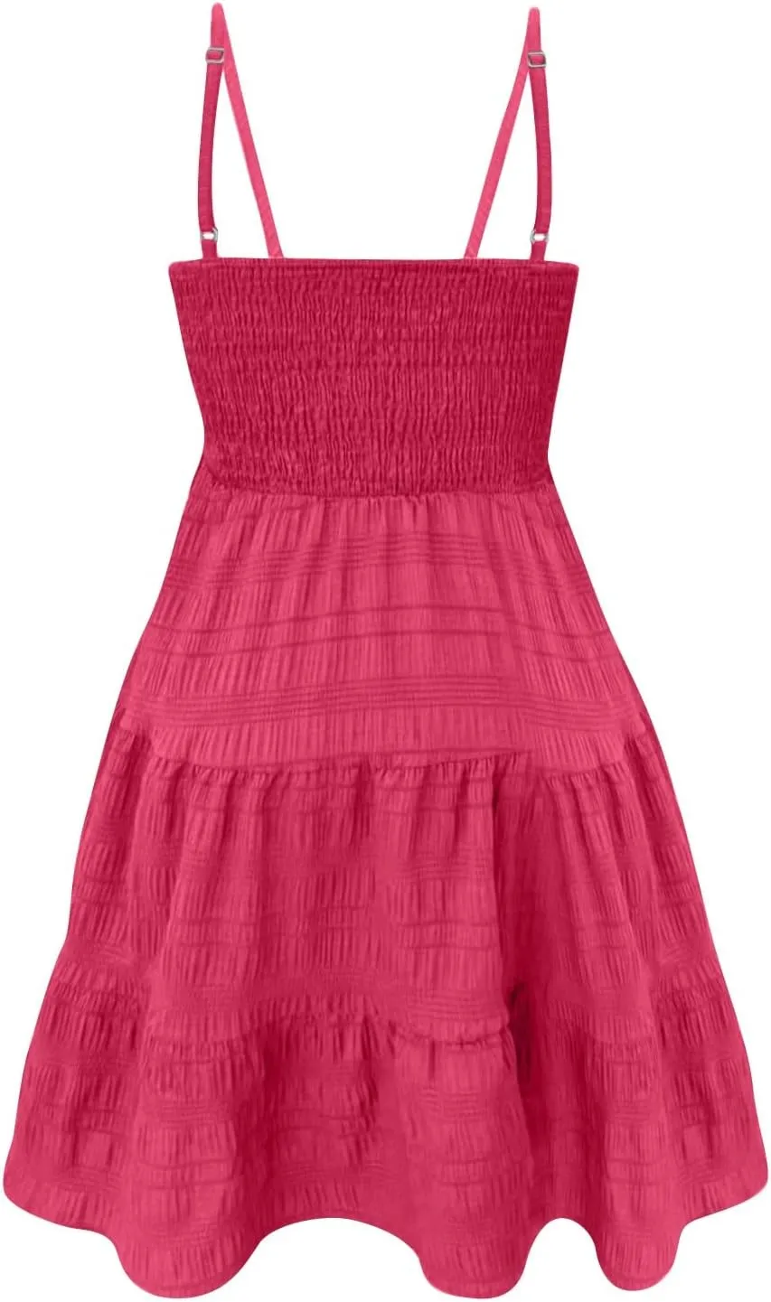 Cami Dress for Women Smocked Square Neck Spaghetti Strap Mini Dress Sleeveless Swing A Line Ruched Short Dresses
