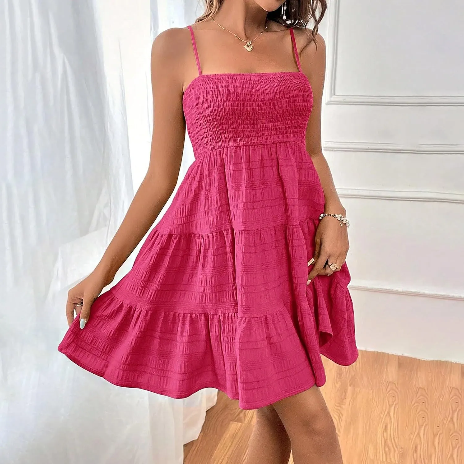 Cami Dress for Women Smocked Square Neck Spaghetti Strap Mini Dress Sleeveless Swing A Line Ruched Short Dresses