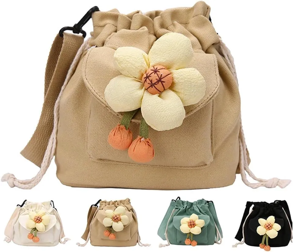 Canvas Drawstring Bucket Bag for Women Flower Print Crossbody Shoulder Drawstring Handbag Cute Lunch Bag