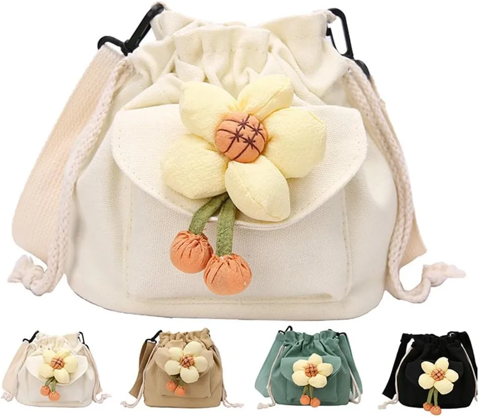 Canvas Drawstring Bucket Bag for Women Flower Print Crossbody Shoulder Drawstring Handbag Cute Lunch Bag