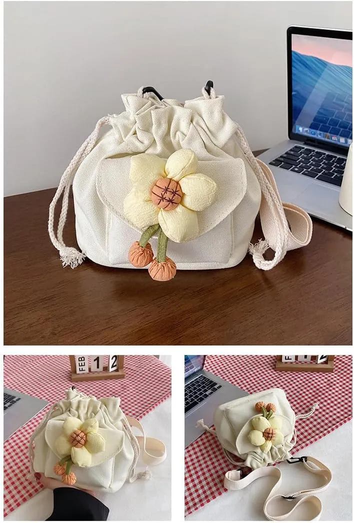 Canvas Drawstring Bucket Bag for Women Flower Print Crossbody Shoulder Drawstring Handbag Cute Lunch Bag