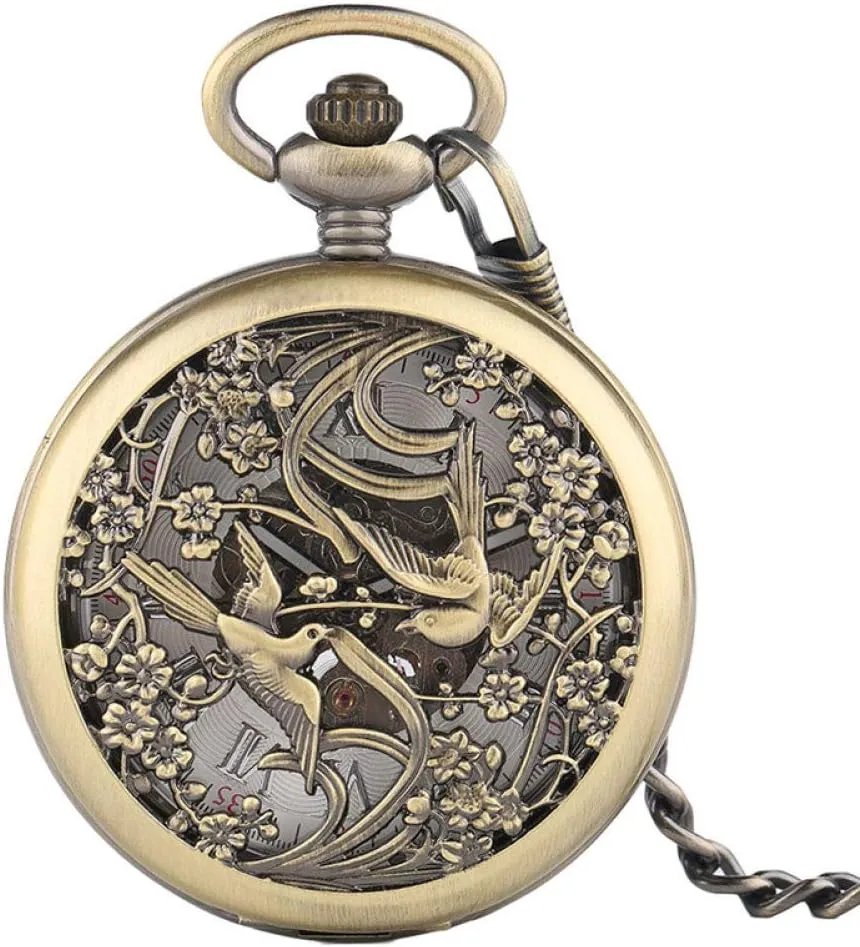 Carving Skeleton Automatic Mechanical Pocket Watch Chain Steampunk Copper Men Women Watches Luxury Bronze Clock Gift