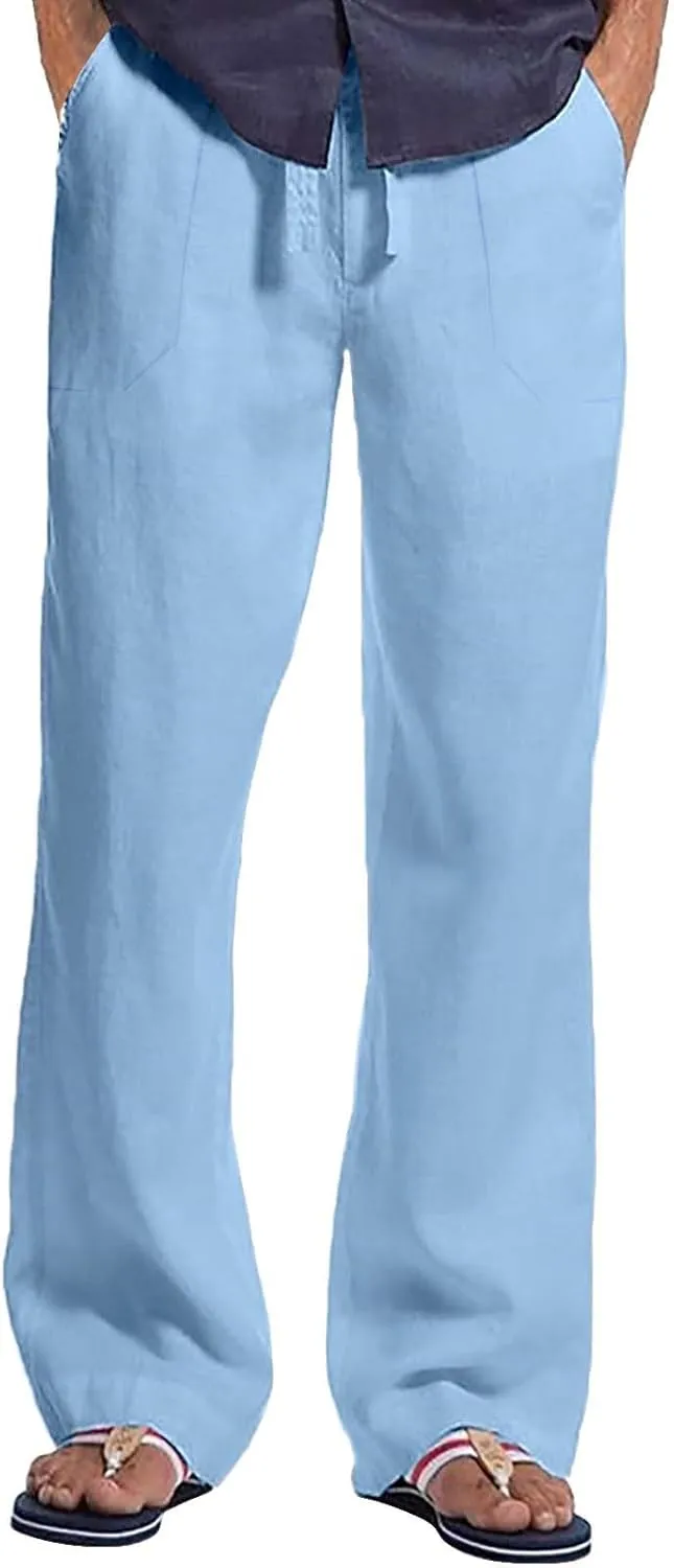 Casual Linen Pants for Men Stretchy Elastic Waist Loose Fit Lightweight Work Casual Lightweight Yoga Vacation Pants