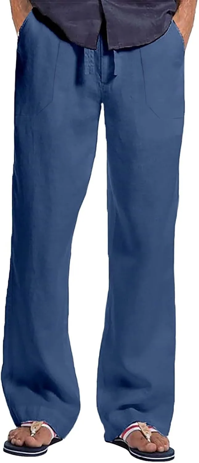 Casual Linen Pants for Men Stretchy Elastic Waist Loose Fit Lightweight Work Casual Lightweight Yoga Vacation Pants
