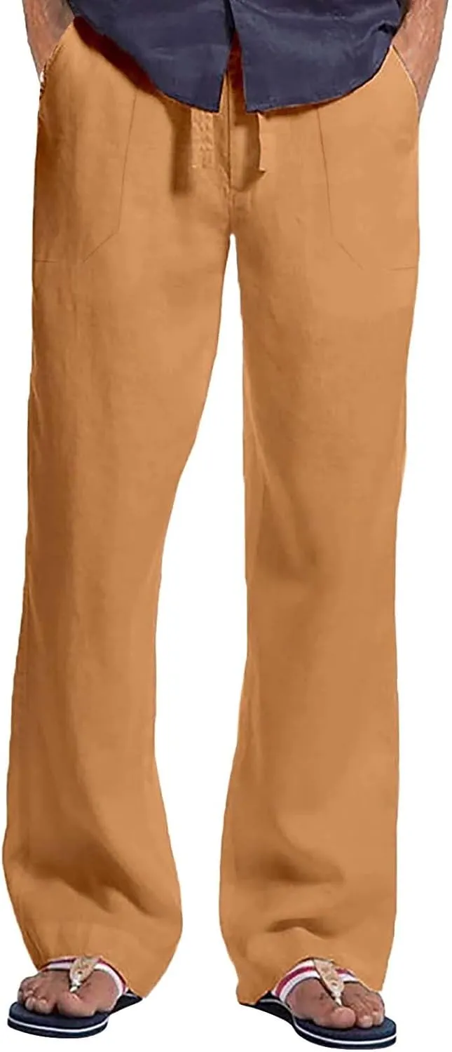 Casual Linen Pants for Men Stretchy Elastic Waist Loose Fit Lightweight Work Casual Lightweight Yoga Vacation Pants