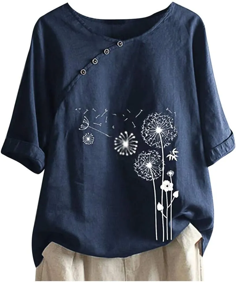 Ceboyel Women 3/4 Sleeve Cotton Linen Tops Dandelion Print Summer Blouses Dressy Causal Tunic Loose Fit Ladies Clothing 2023
