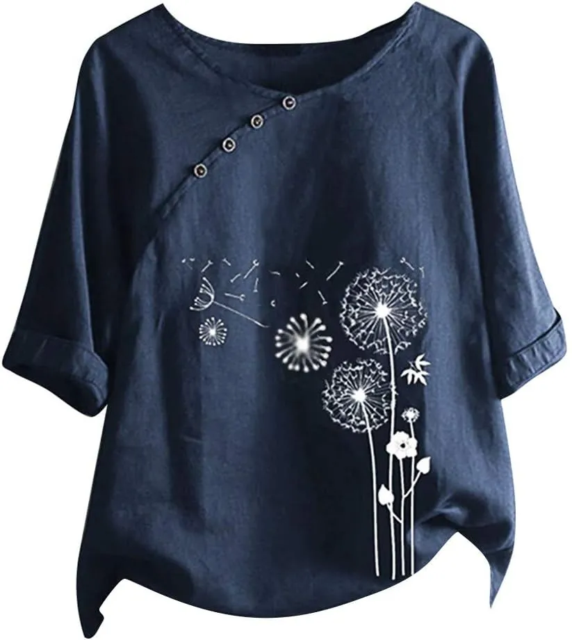 Ceboyel Women 3/4 Sleeve Cotton Linen Tops Dandelion Print Summer Blouses Dressy Causal Tunic Loose Fit Ladies Clothing 2023