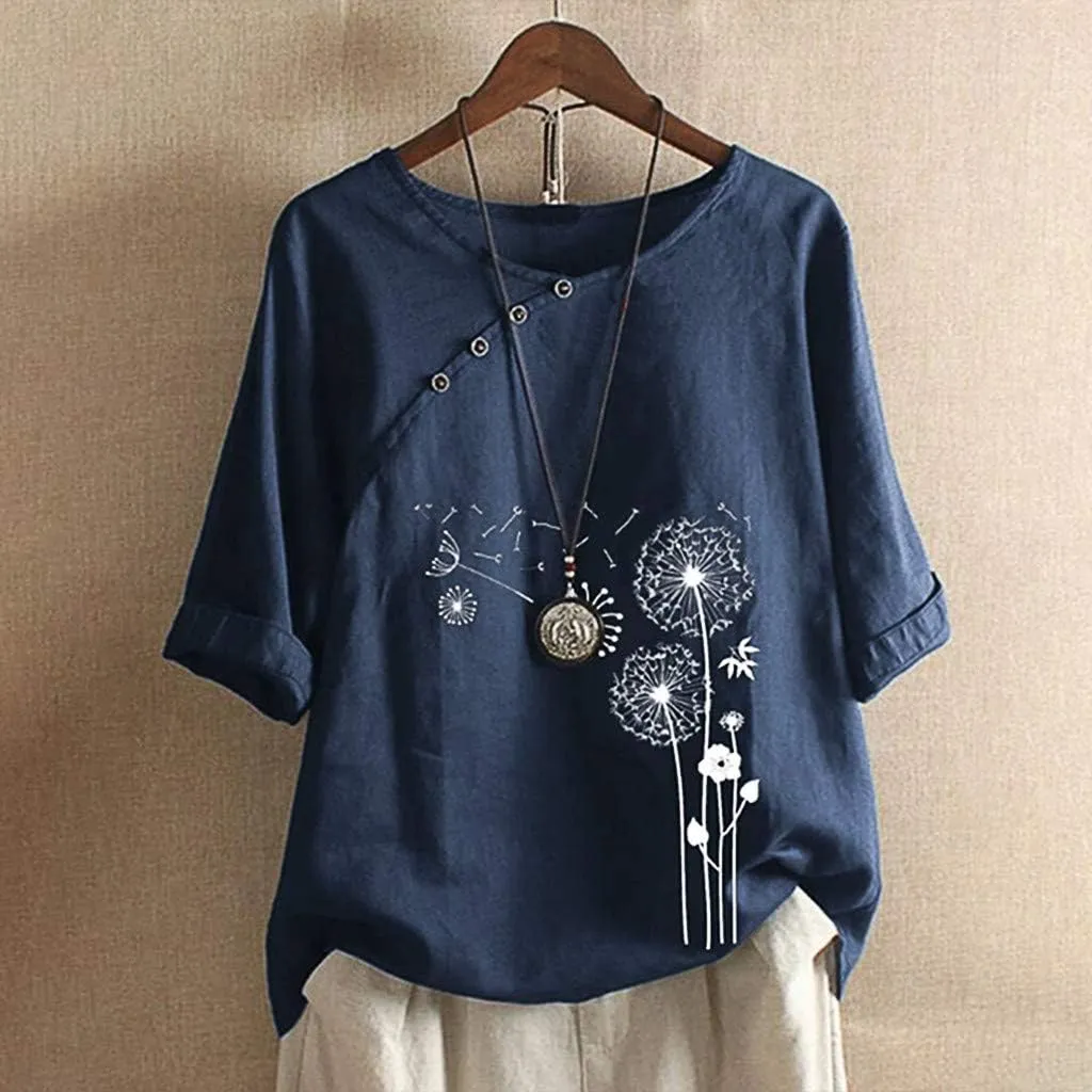Ceboyel Women 3/4 Sleeve Cotton Linen Tops Dandelion Print Summer Blouses Dressy Causal Tunic Loose Fit Ladies Clothing 2023