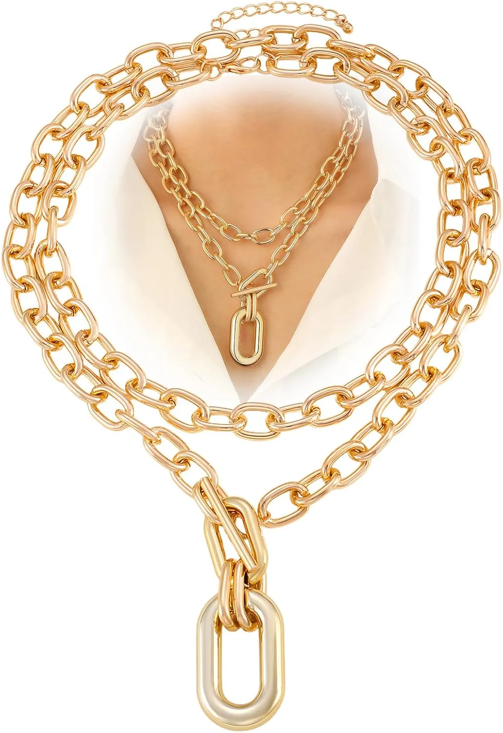 Chunky Gold Big Chain Necklaces Stack Statement Thick Paperclip Cuban Large Chains Link Charm Pendant Layered Choker Necklace Costume Jewelry for Women