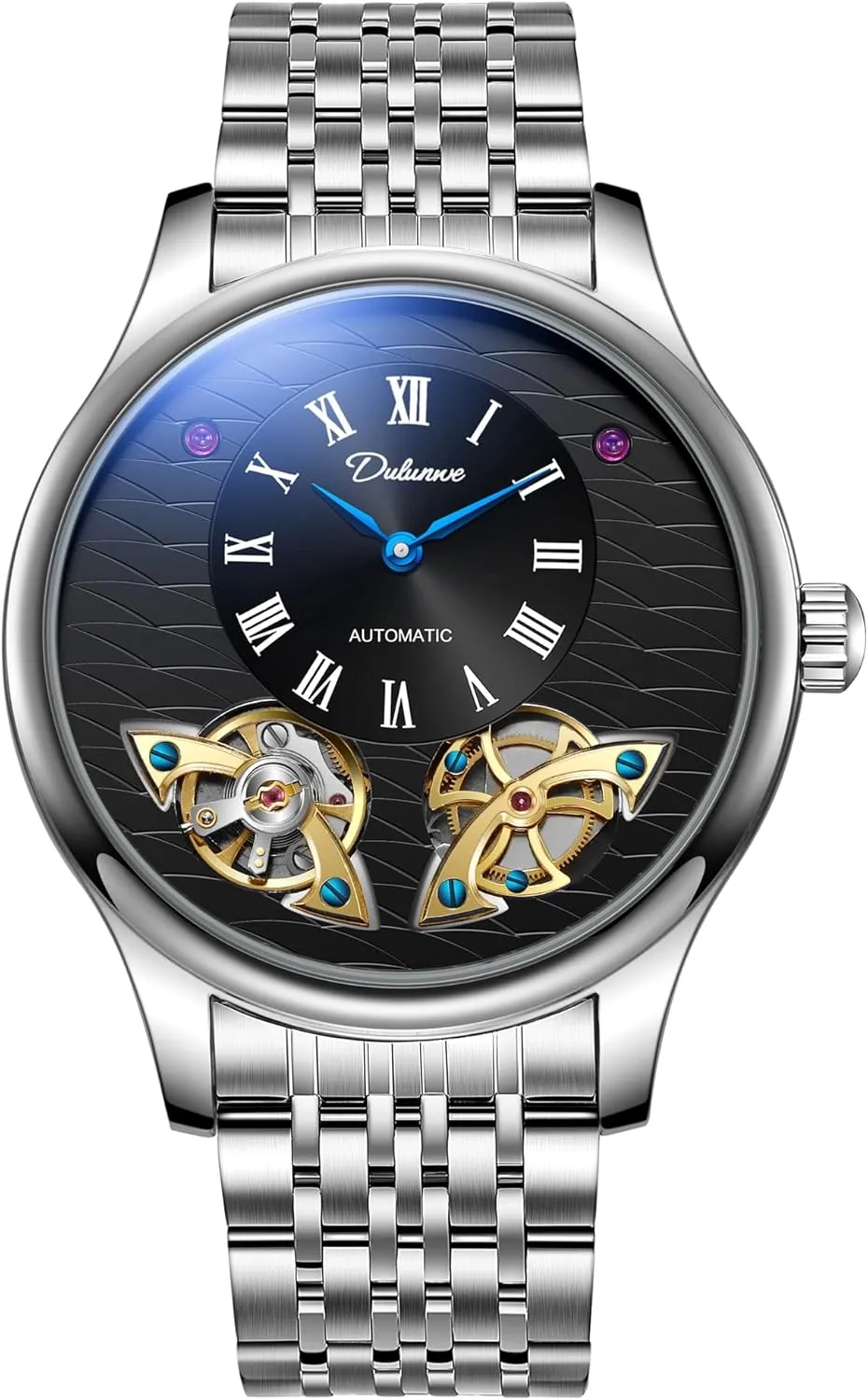 Classic Roman Numeral Men's Mechanical Automatic Watch Luxury Hollow Flywheel Stainless Steel/Fluororubber Strap Fish Scale Dial Design