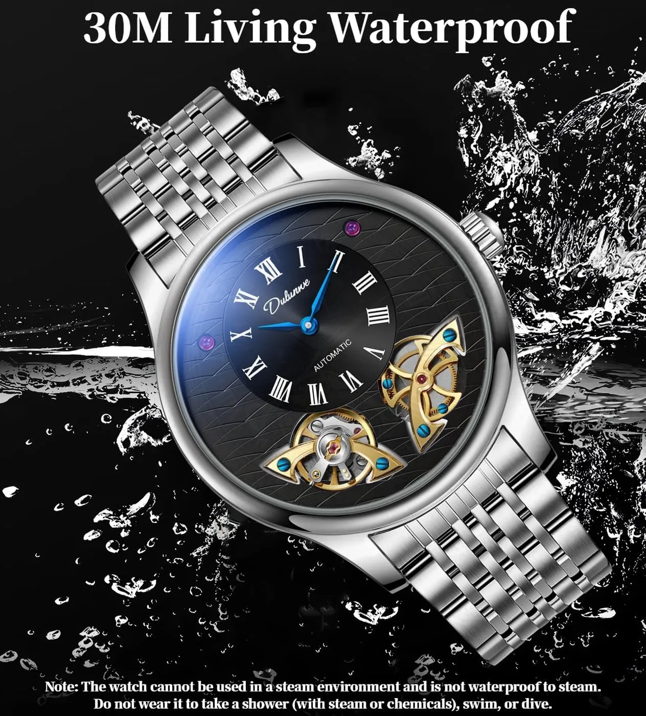 Classic Roman Numeral Men's Mechanical Automatic Watch Luxury Hollow Flywheel Stainless Steel/Fluororubber Strap Fish Scale Dial Design