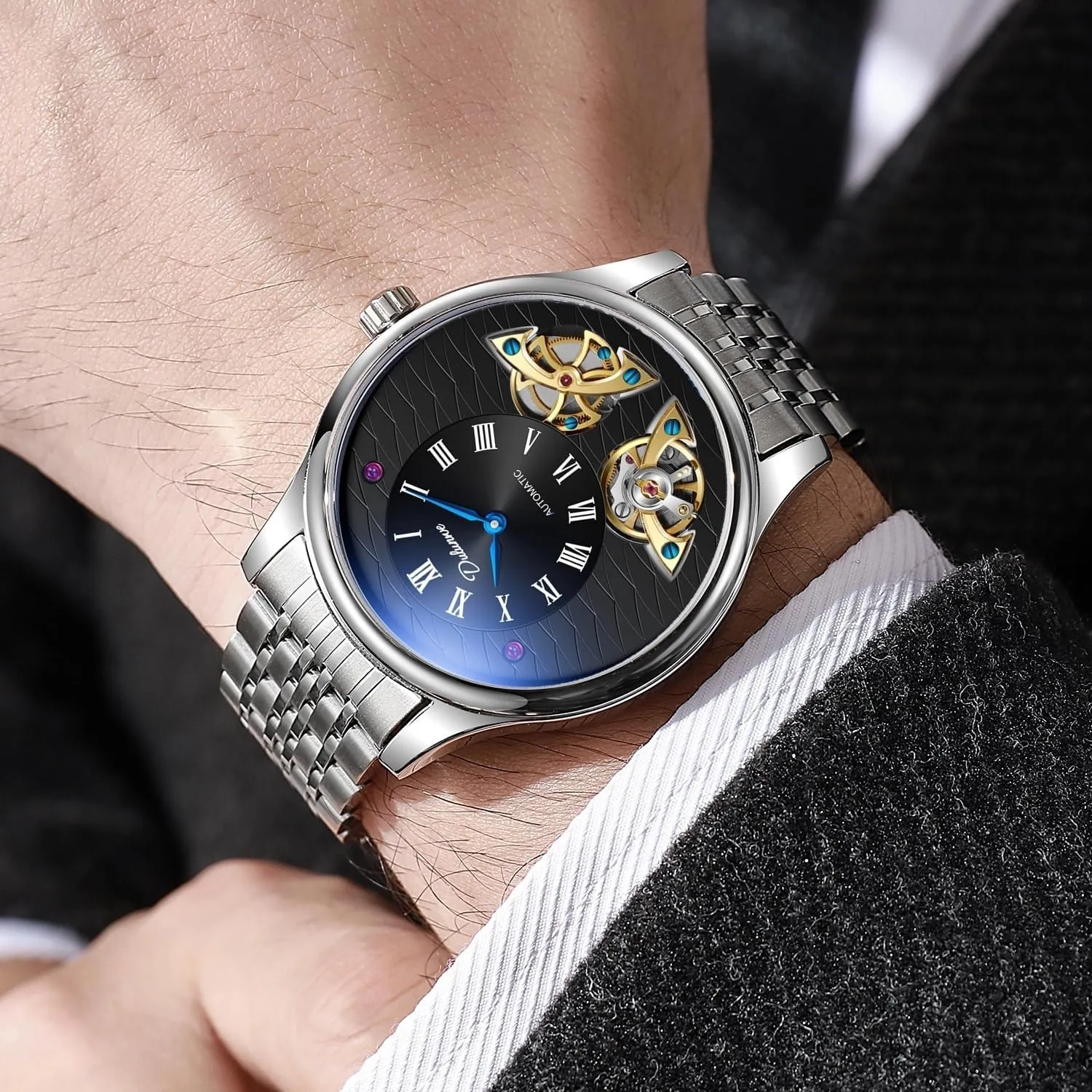 Classic Roman Numeral Men's Mechanical Automatic Watch Luxury Hollow Flywheel Stainless Steel/Fluororubber Strap Fish Scale Dial Design