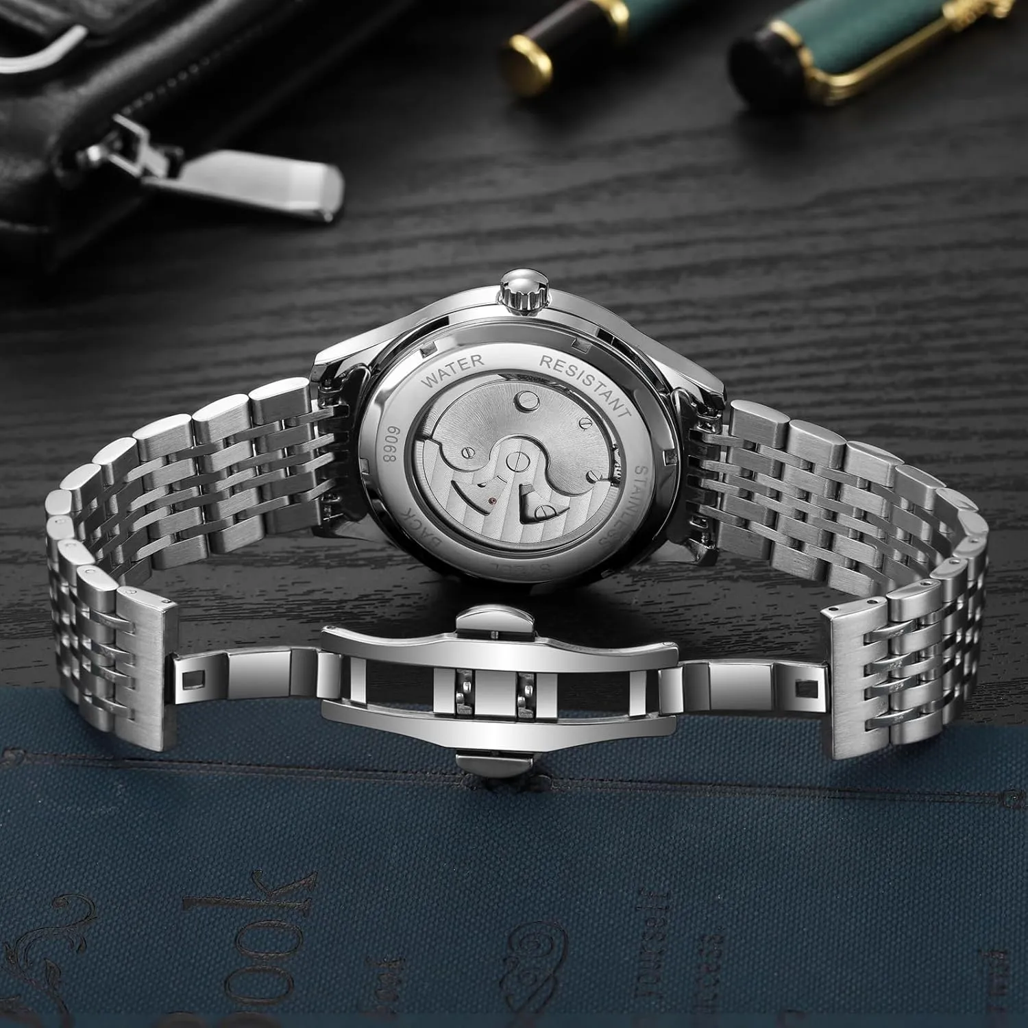 Classic Roman Numeral Men's Mechanical Automatic Watch Luxury Hollow Flywheel Stainless Steel/Fluororubber Strap Fish Scale Dial Design