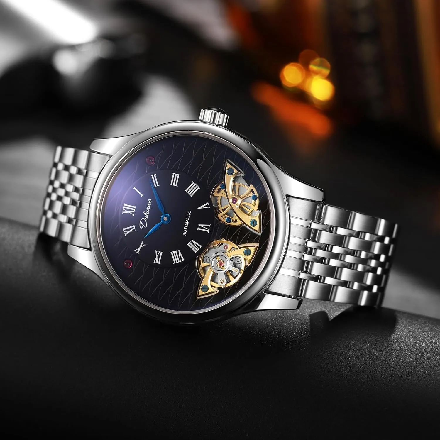 Classic Roman Numeral Men's Mechanical Automatic Watch Luxury Hollow Flywheel Stainless Steel/Fluororubber Strap Fish Scale Dial Design