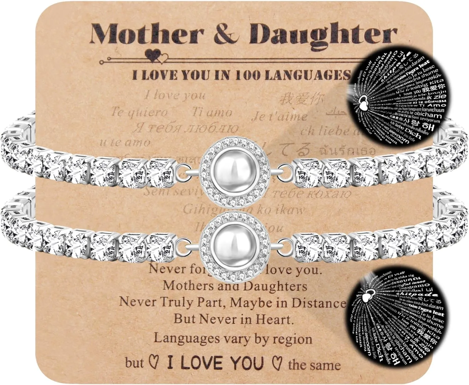 Classic Tennis Bracelet with 100 Different Language I Love You Bracelets for Women Platinum Plated/Gold Plated/Rose Gold Plated Jewelry Gift for Wife Best Friends Sisters 1 2pc