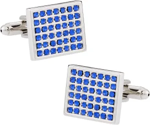 Classy Silver Cufflinks with Inlaid Faux Blue Topaz Crystals in a Grid