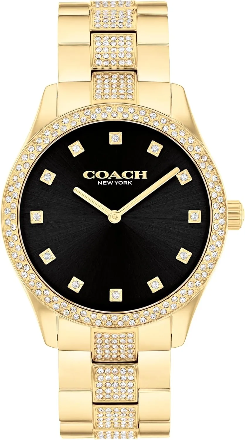 Coach Brooks Men's and Women's 2H Quartz Watch - Crystals on Bezel, Dial, and Center Links on Steel Bracelet - Water Resistant up to 3ATM - Gift for Him or Her - Perfect for Day and Evening - 38mm