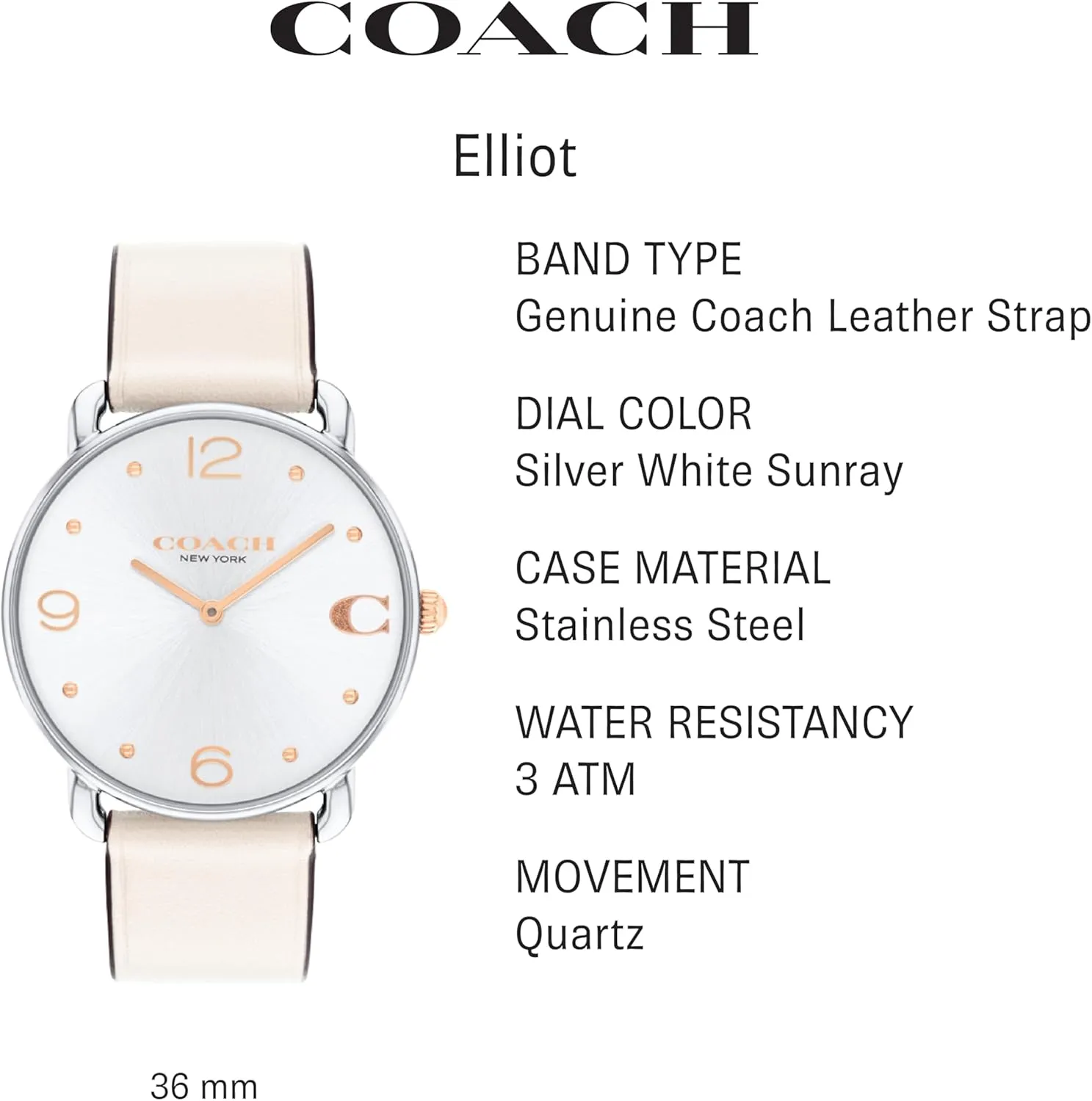 Coach Elliot Women's Watch | Sleek and Minimalist in Design | Timeless Style for Any Occasion | Gifts for Her | Water-Resistant | 36 mm