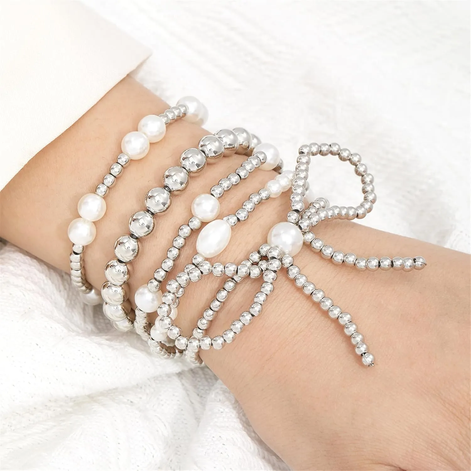 COLORFUL BLING Bow Bowknot Faux Pearl Beaded Ball Stretch Bracelet for Women Friend Jewelry Gift Adjustable Stackable Bracelet