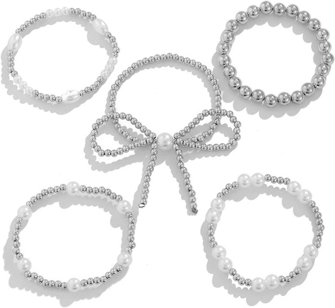 COLORFUL BLING Bow Bowknot Faux Pearl Beaded Ball Stretch Bracelet for Women Friend Jewelry Gift Adjustable Stackable Bracelet